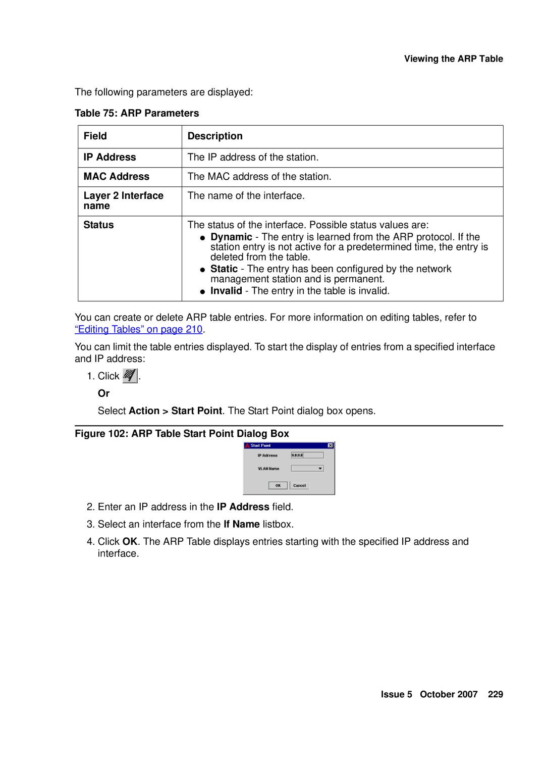 Avaya G250, G450 manual ARP Parameters Field Description IP Address, Name Status 