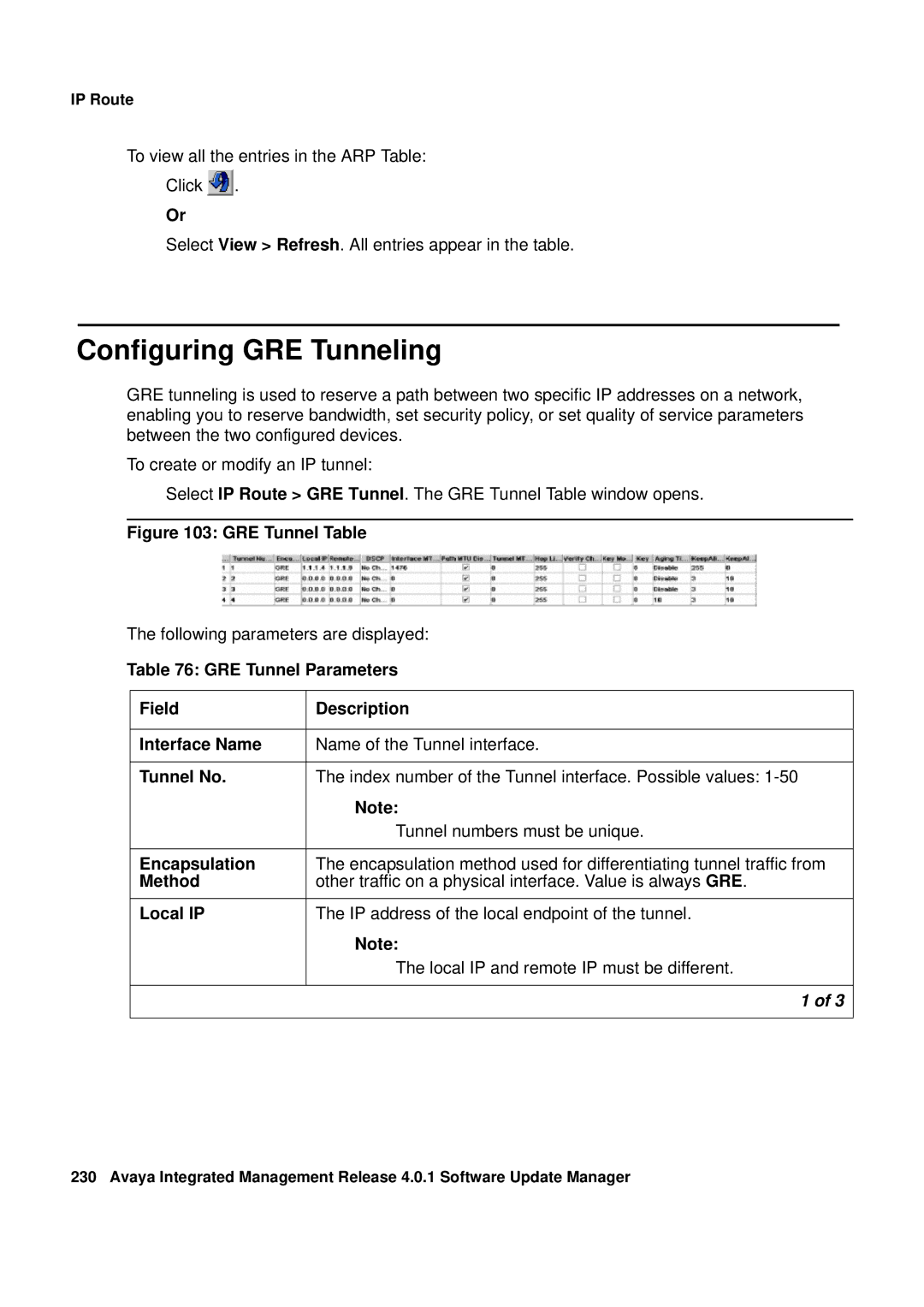 Avaya G450, G250 manual Configuring GRE Tunneling, GRE Tunnel Table 