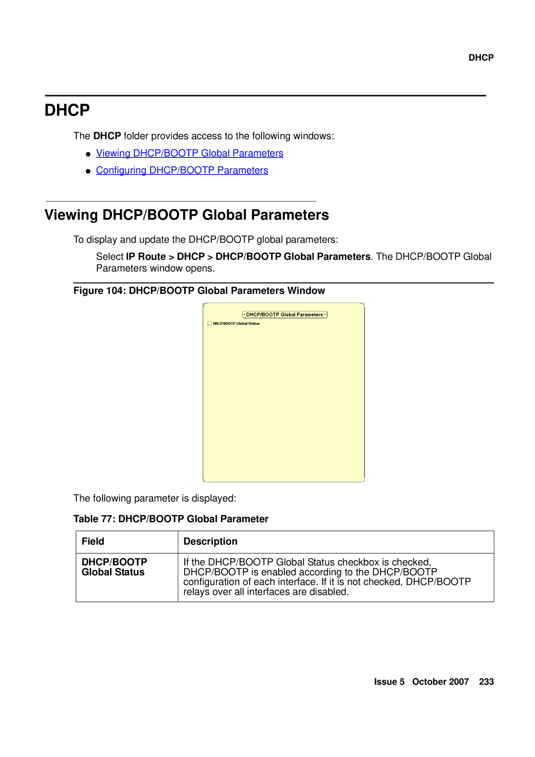 Avaya G250 Viewing DHCP/BOOTP Global Parameters, DHCP/BOOTP Global Parameter Field Description, Dhcp/Bootp, Global Status 