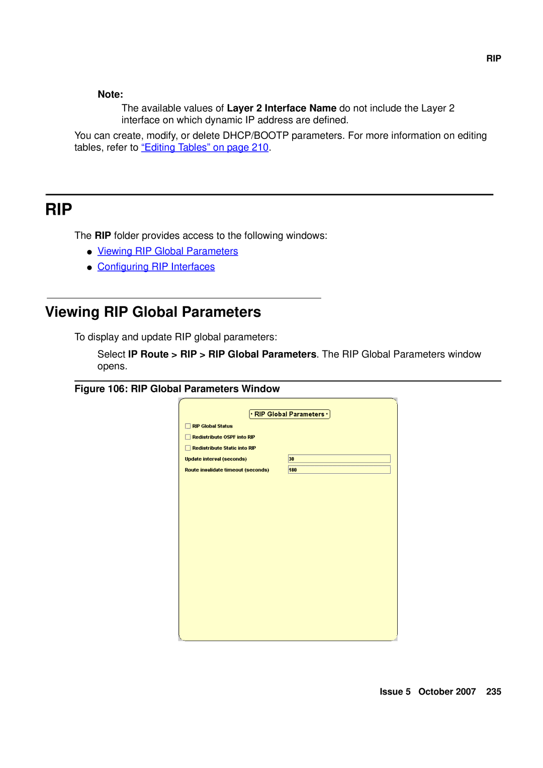 Avaya G250, G450 manual Viewing RIP Global Parameters, RIP Global Parameters Window 