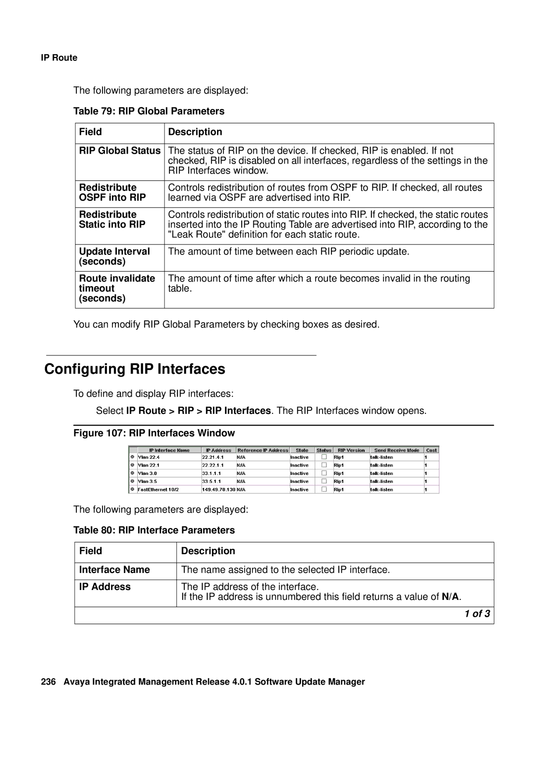 Avaya G450, G250 manual Configuring RIP Interfaces, RIP Interfaces Window 