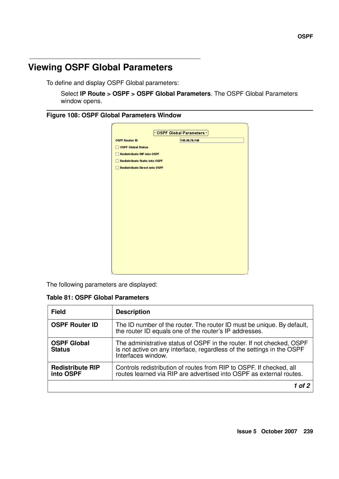 Avaya G250, G450 manual Viewing Ospf Global Parameters, Ospf Global Parameters Window 