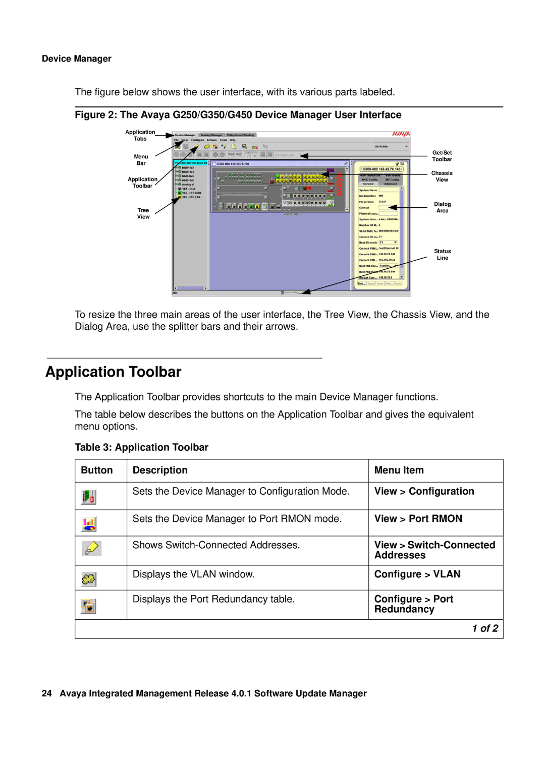 Avaya manual Application Toolbar, Avaya G250/G350/G450 Device Manager User Interface 