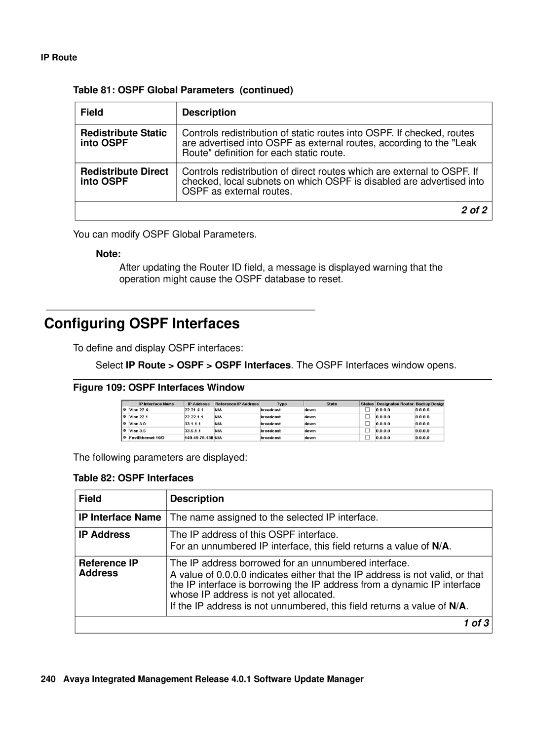 Avaya G450, G250 manual Configuring Ospf Interfaces, Ospf Interfaces Field Description IP Interface Name 