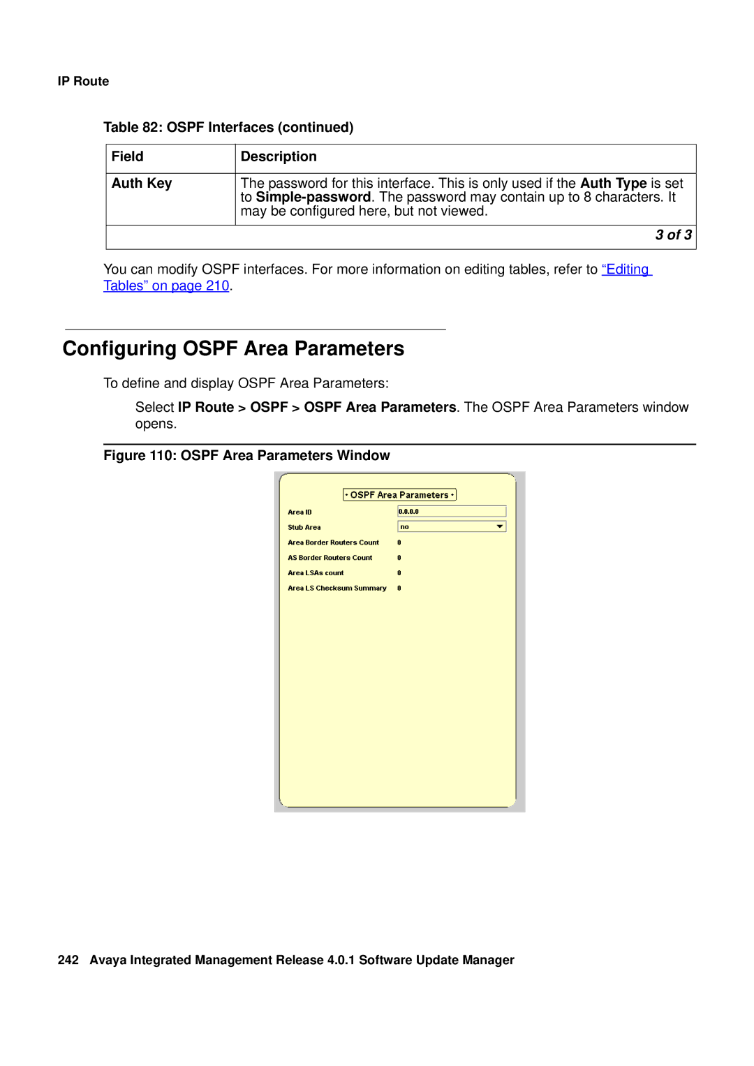 Avaya G450, G250 manual Configuring Ospf Area Parameters, Ospf Interfaces Field Description Auth Key 