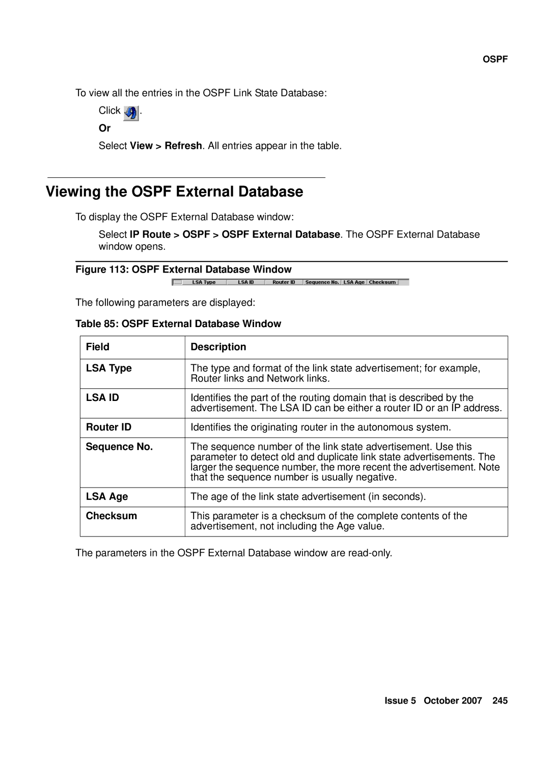 Avaya G250, G450 manual Viewing the Ospf External Database, Ospf External Database Window Field Description LSA Type 