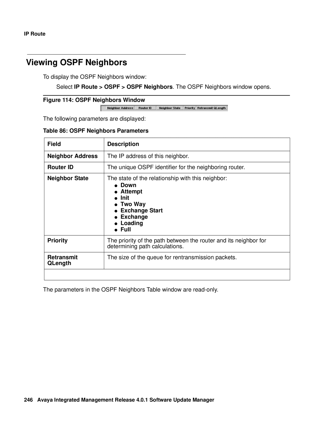 Avaya G450, G250 manual Viewing Ospf Neighbors, Ospf Neighbors Window 