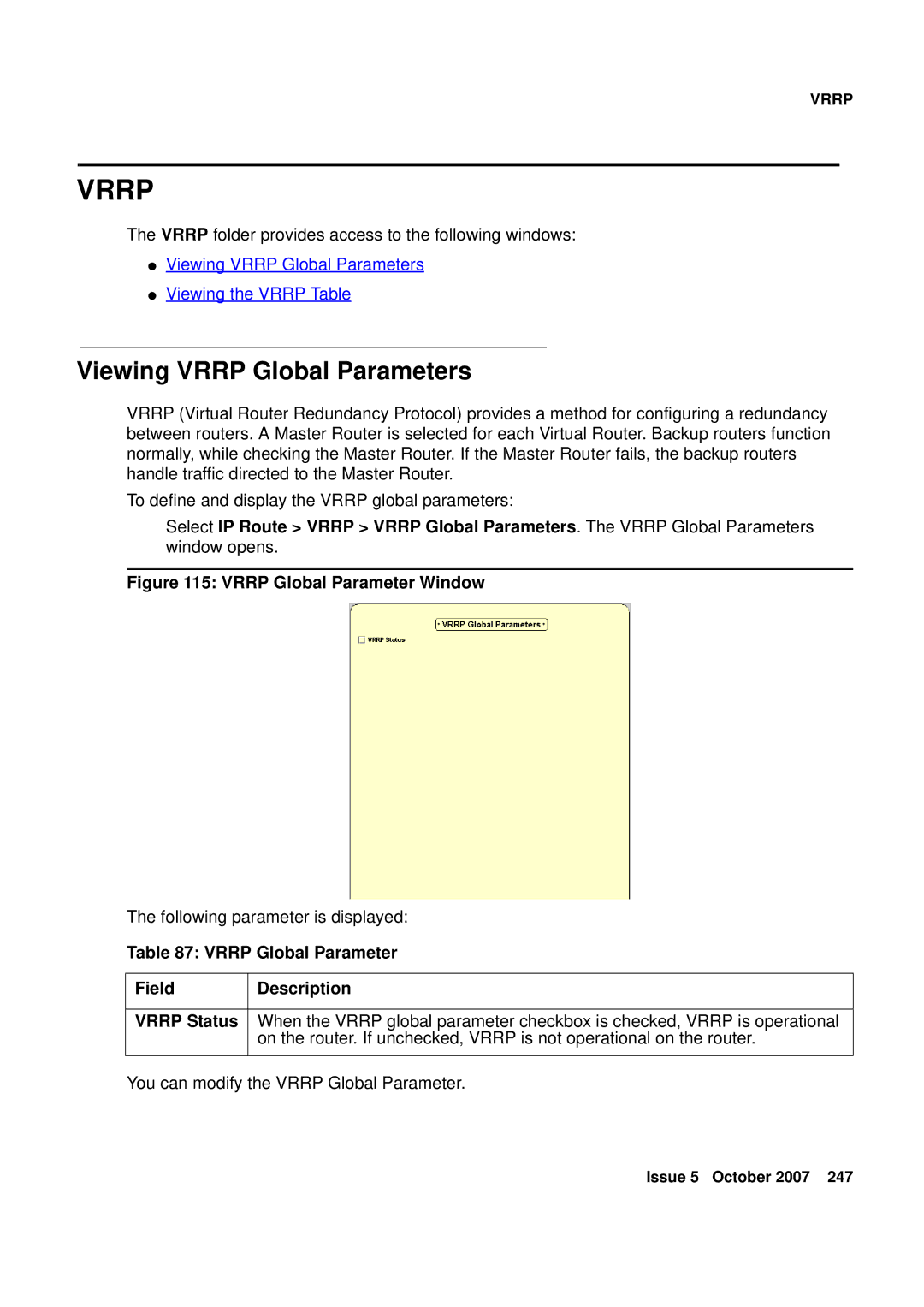 Avaya G250, G450 manual Viewing Vrrp Global Parameters, Vrrp Global Parameter Window 