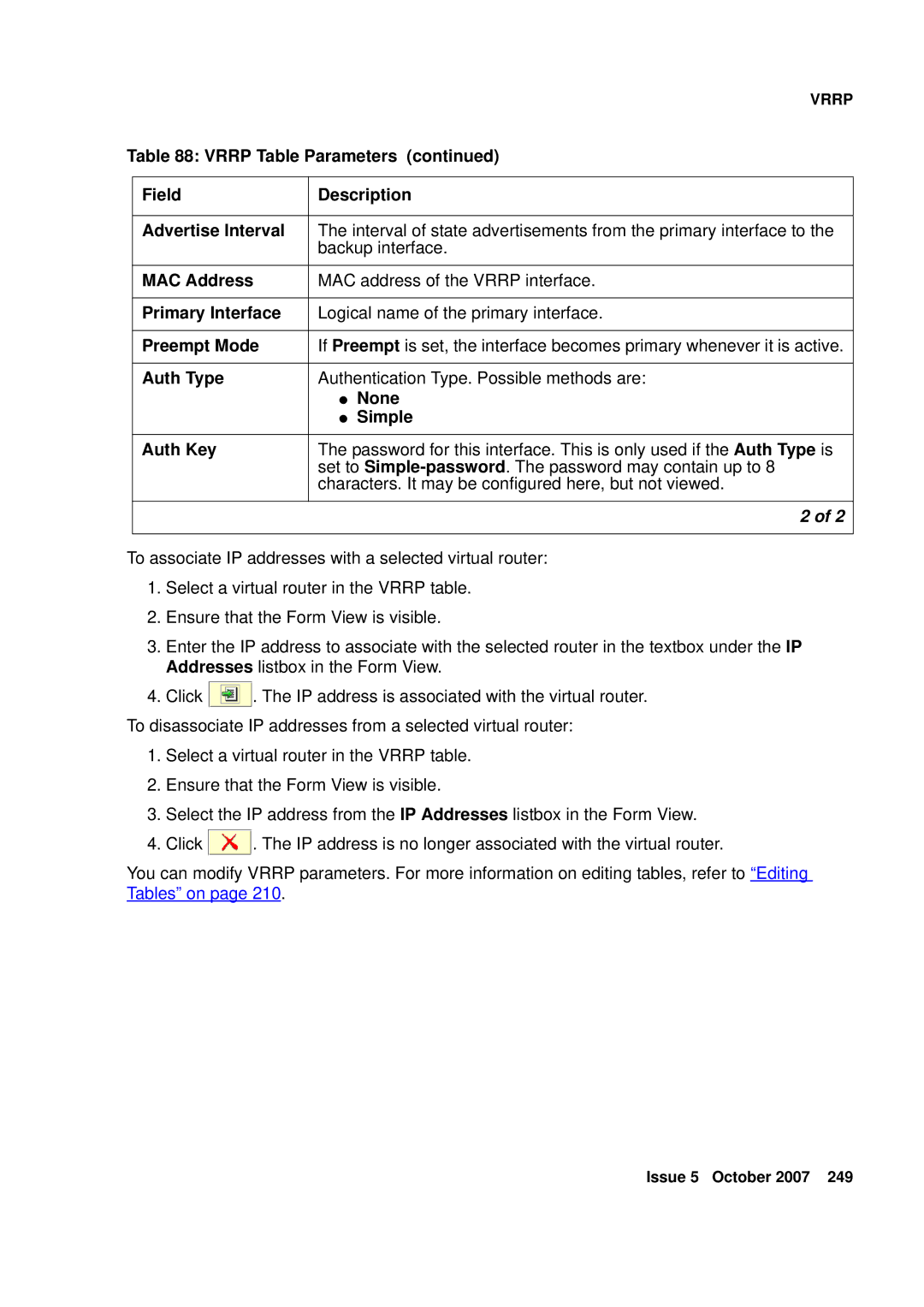 Avaya G250, G450 manual Vrrp Table Parameters 