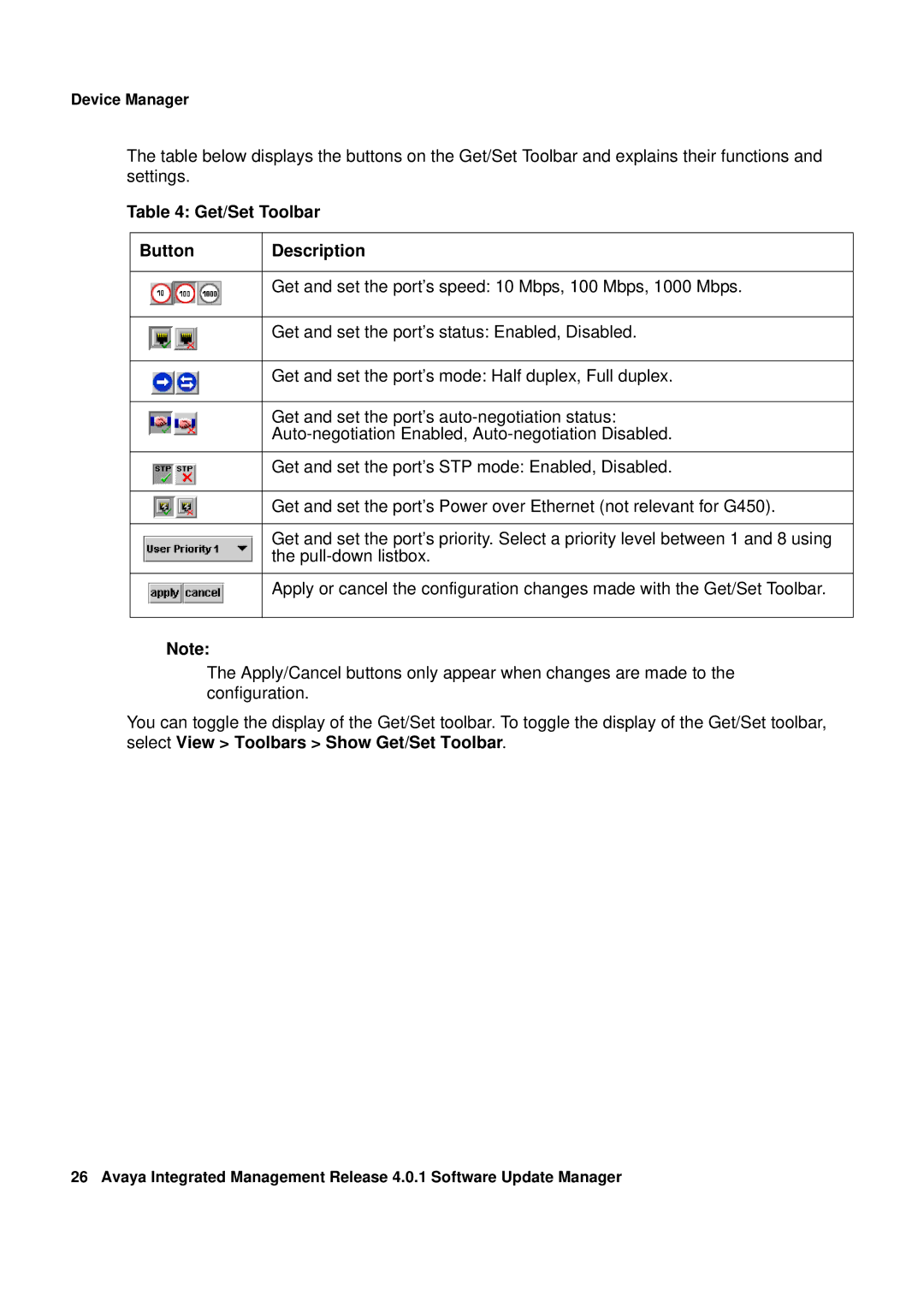 Avaya G450, G250 manual Get/Set Toolbar Button Description 