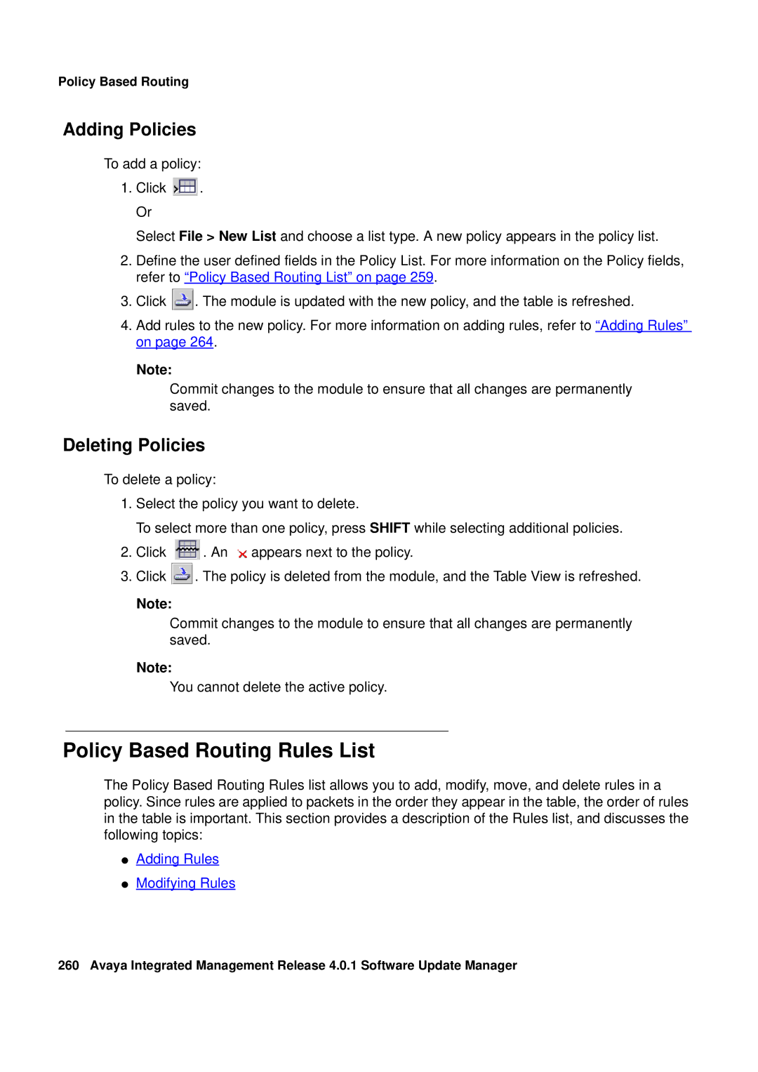 Avaya G450, G250 manual Policy Based Routing Rules List, Adding Policies, Deleting Policies 