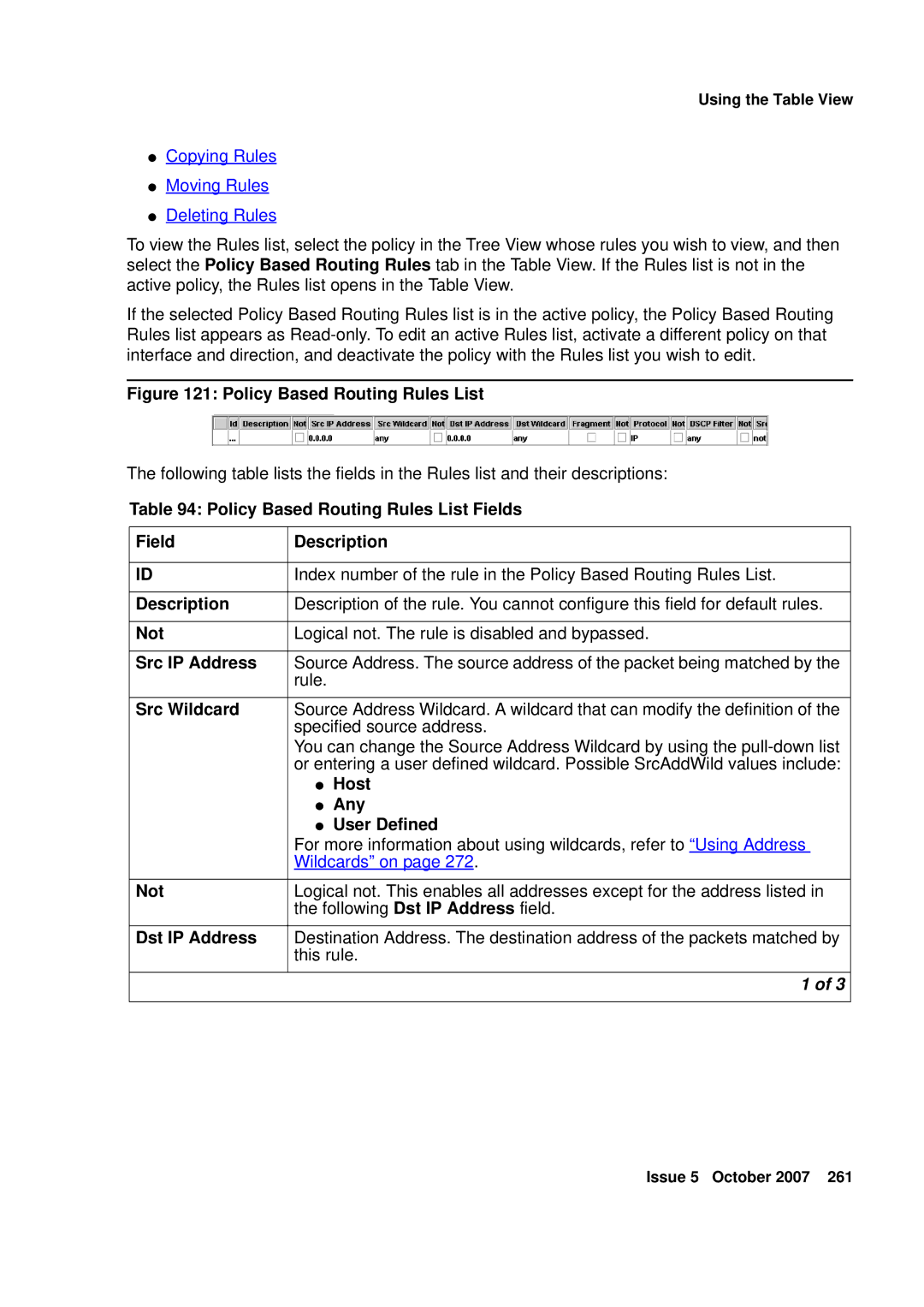 Avaya G250 Policy Based Routing Rules List Fields Description, Not, Src Wildcard, Host, Any, User Defined, Dst IP Address 