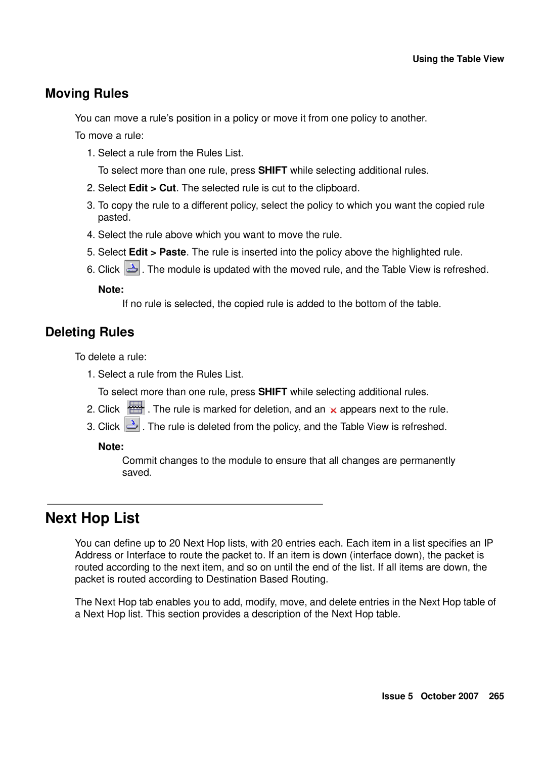 Avaya G250, G450 manual Next Hop List, Moving Rules, Deleting Rules 