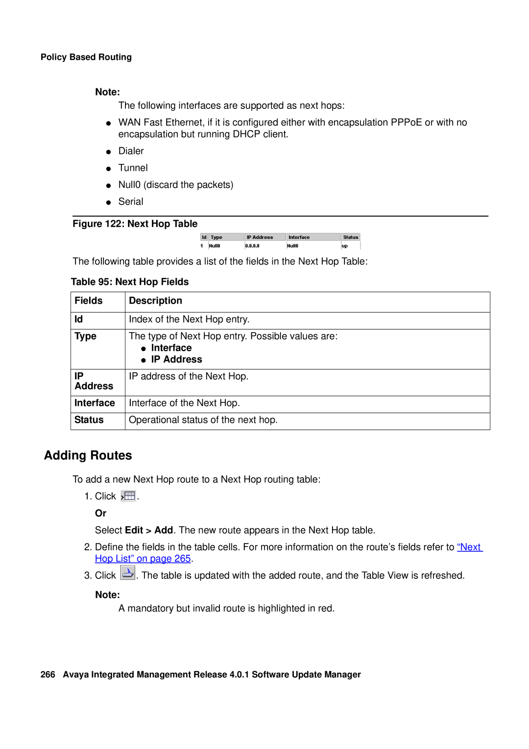 Avaya G450, G250 manual Adding Routes, Next Hop Table 