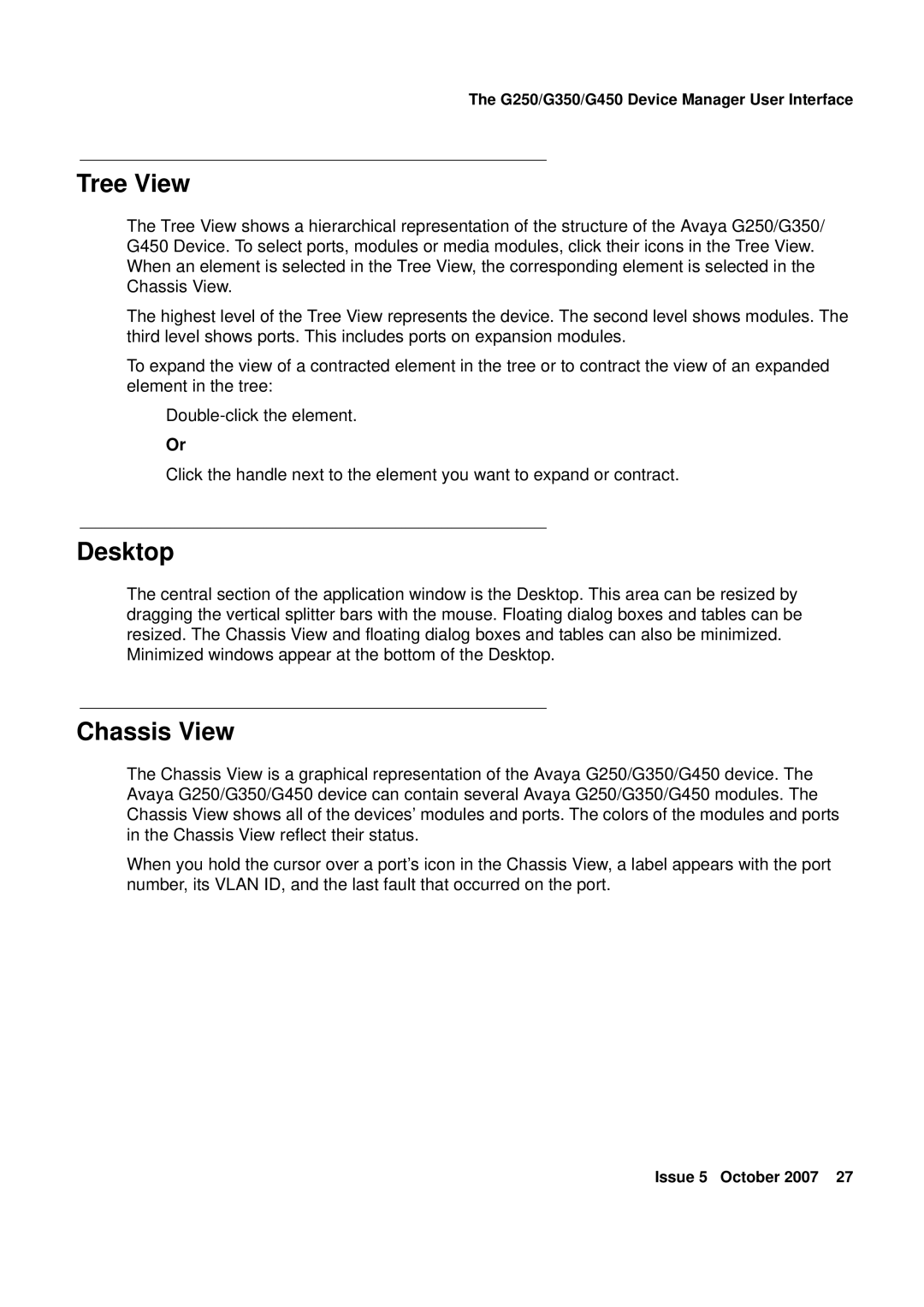 Avaya G250, G450 manual Tree View, Desktop, Chassis View 