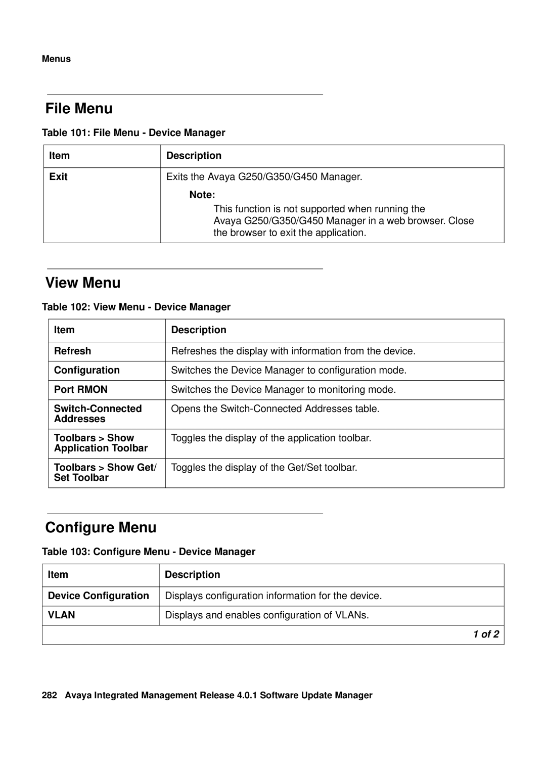 Avaya G450, G250 manual File Menu, View Menu, Configure Menu, Vlan 