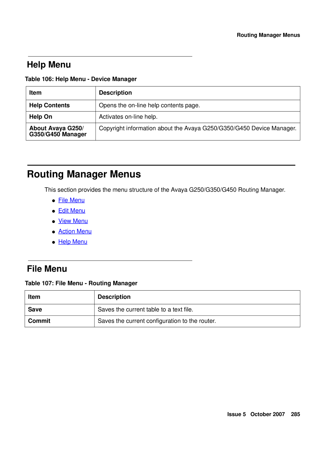 Avaya G250, G450 manual Routing Manager Menus, Help Menu 