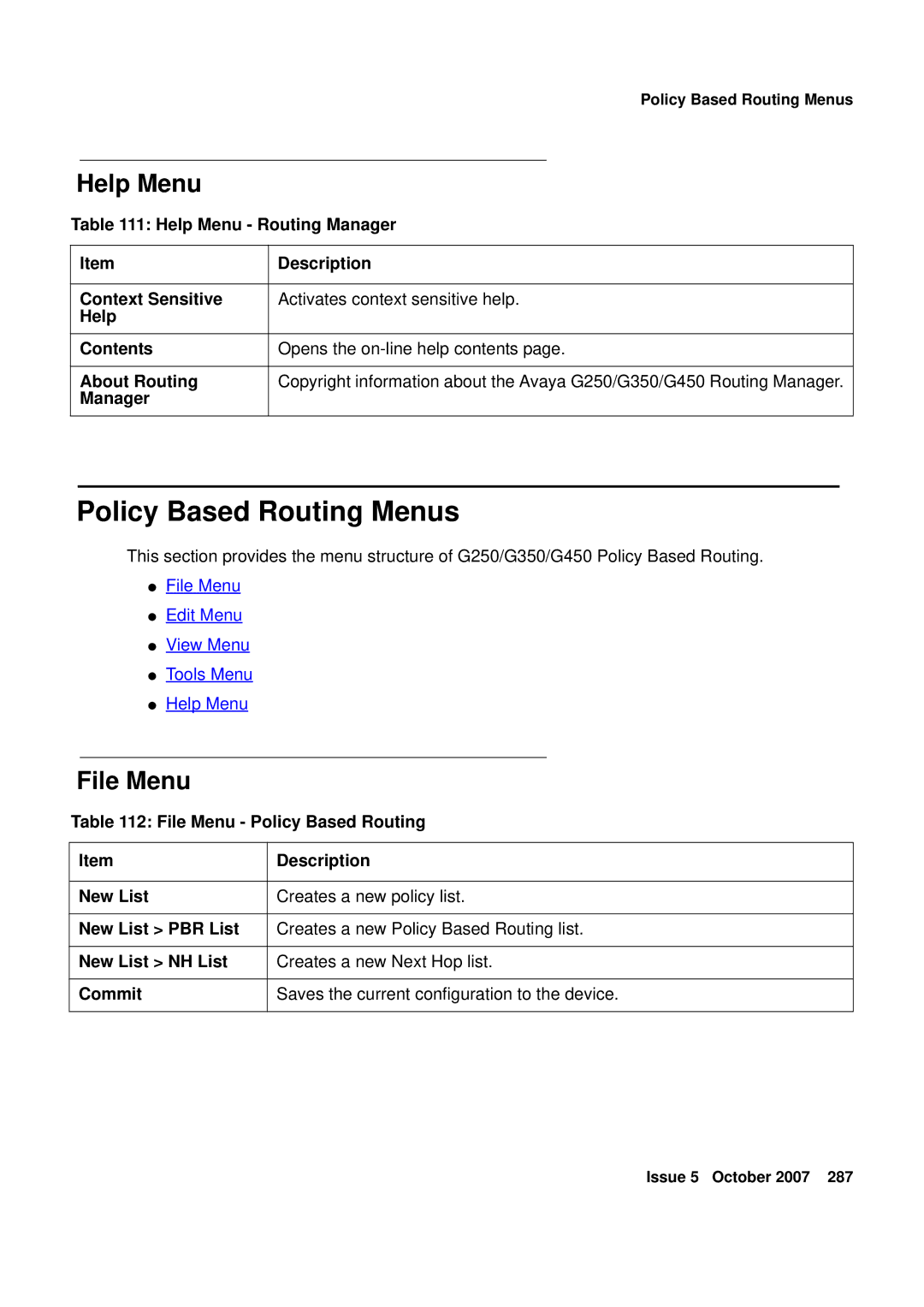 Avaya G250, G450 manual Policy Based Routing Menus 