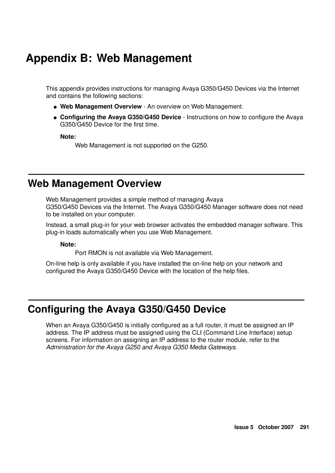 Avaya G250 manual Appendix B Web Management, Web Management Overview, Configuring the Avaya G350/G450 Device 