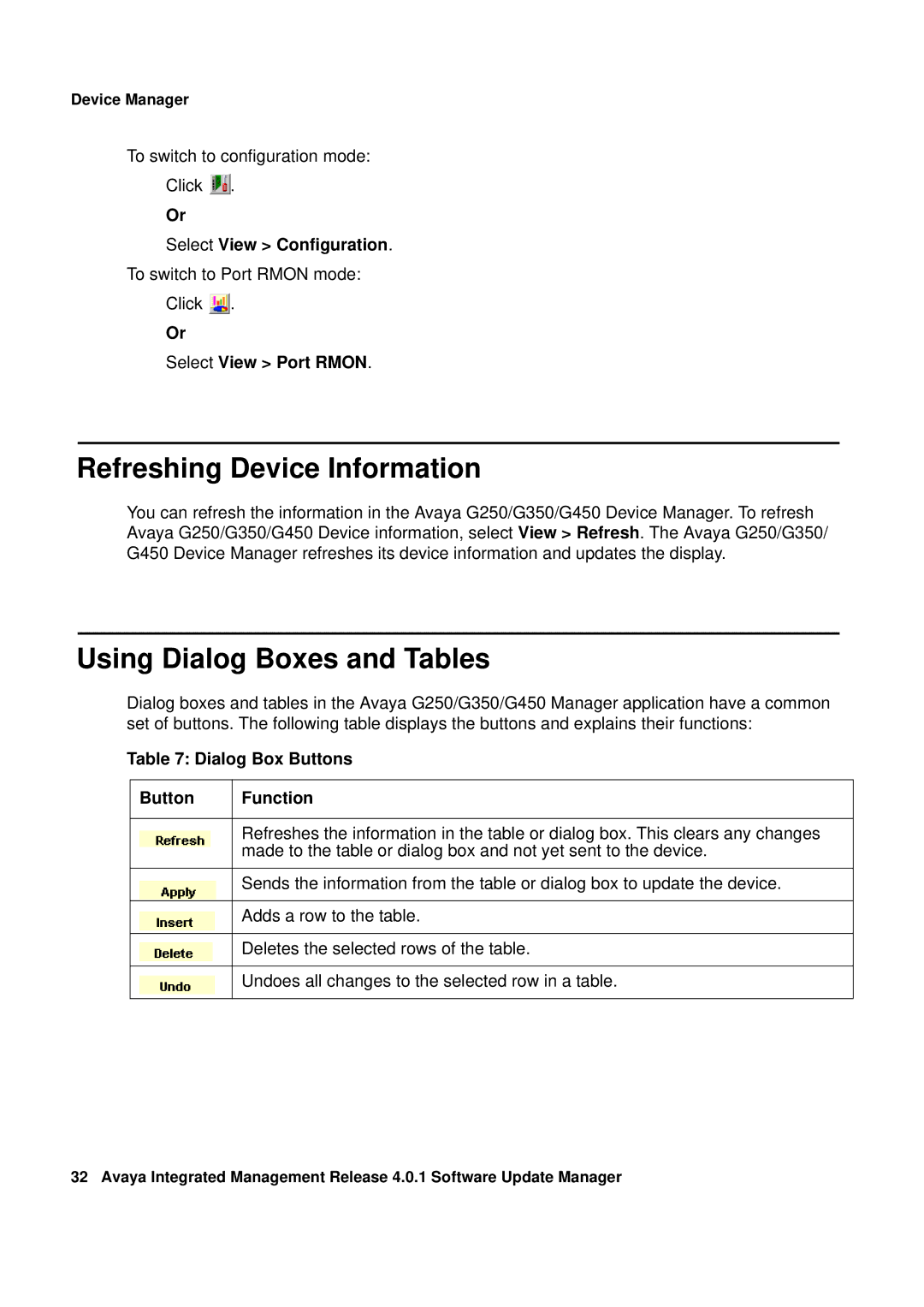 Avaya G450 Refreshing Device Information, Using Dialog Boxes and Tables, Select View Configuration, Select View Port Rmon 