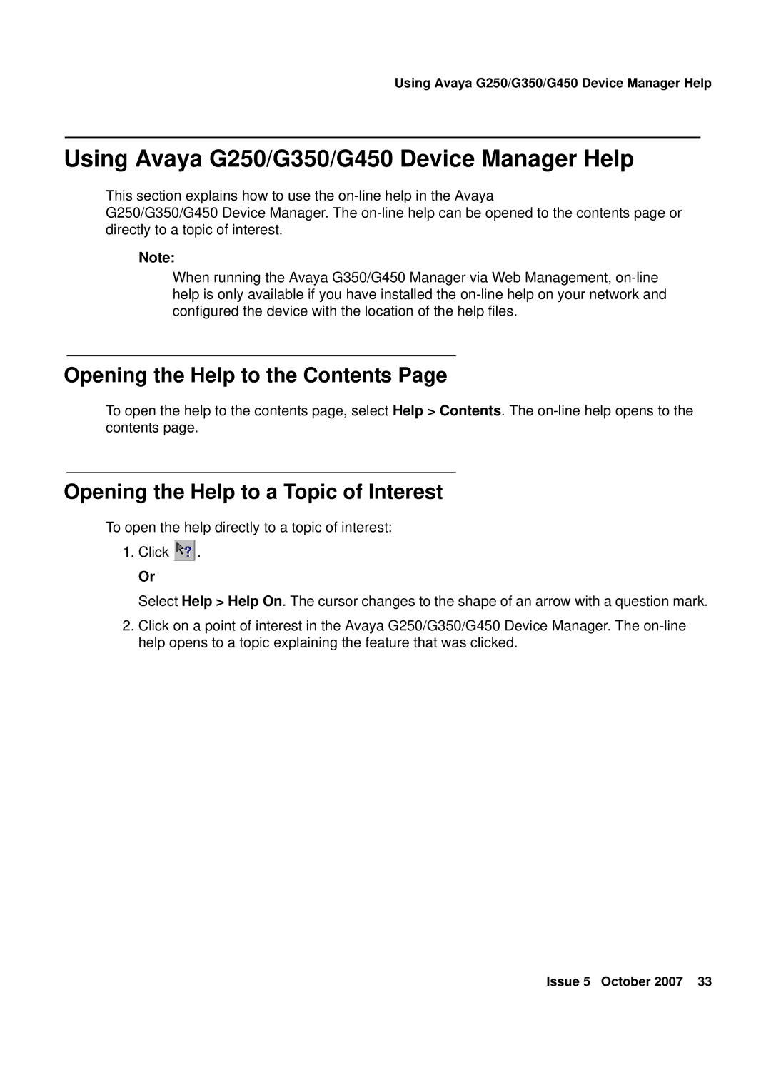 Avaya manual Using Avaya G250/G350/G450 Device Manager Help, Opening the Help to the Contents 