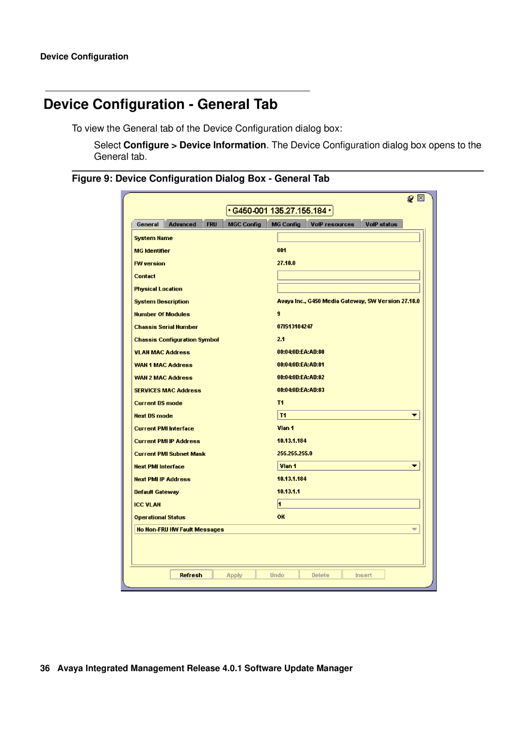 Avaya G450, G250 manual Device Configuration General Tab, Device Configuration Dialog Box General Tab 