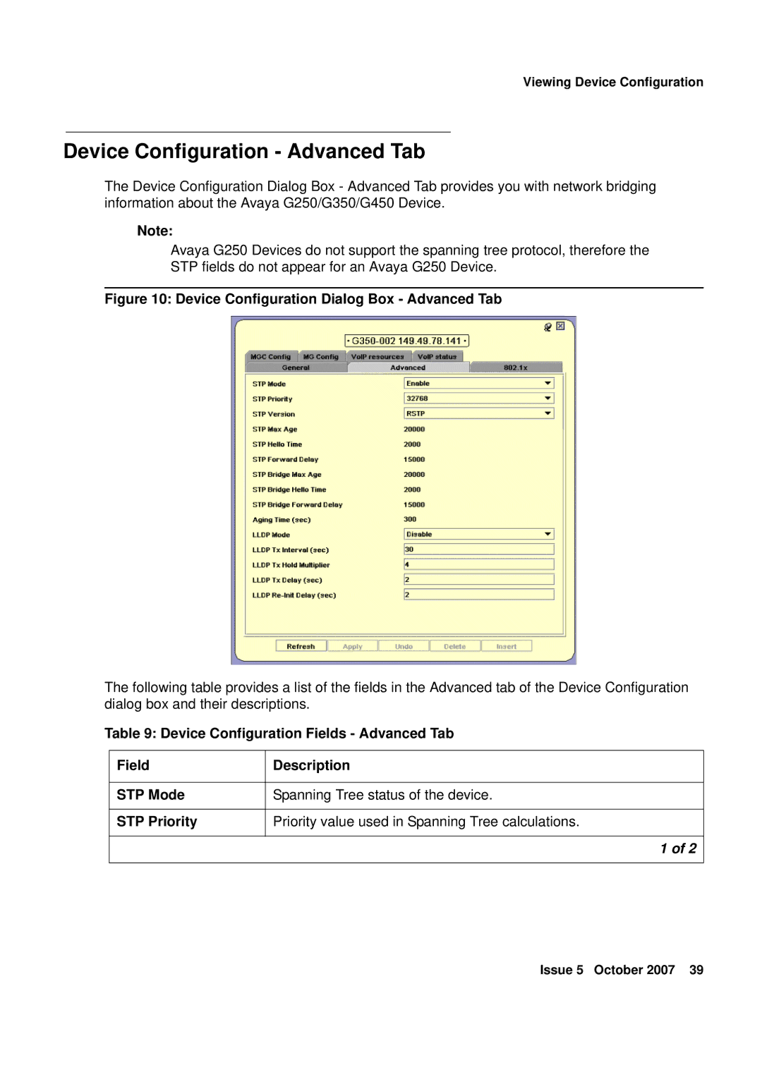 Avaya G250, G450 manual Device Configuration Advanced Tab, Device Configuration Dialog Box Advanced Tab 