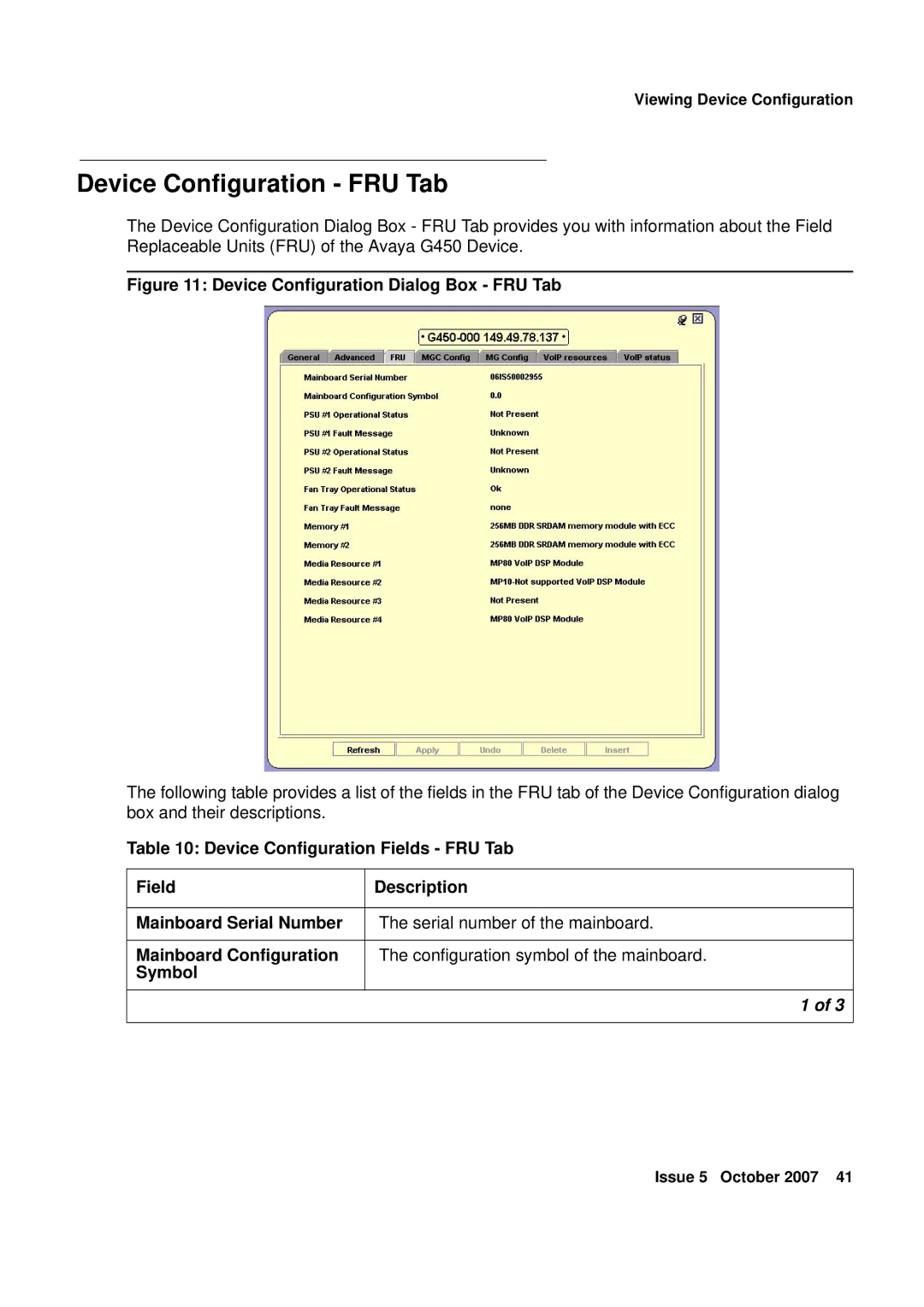 Avaya G250, G450 manual Device Configuration FRU Tab, Device Configuration Dialog Box FRU Tab 