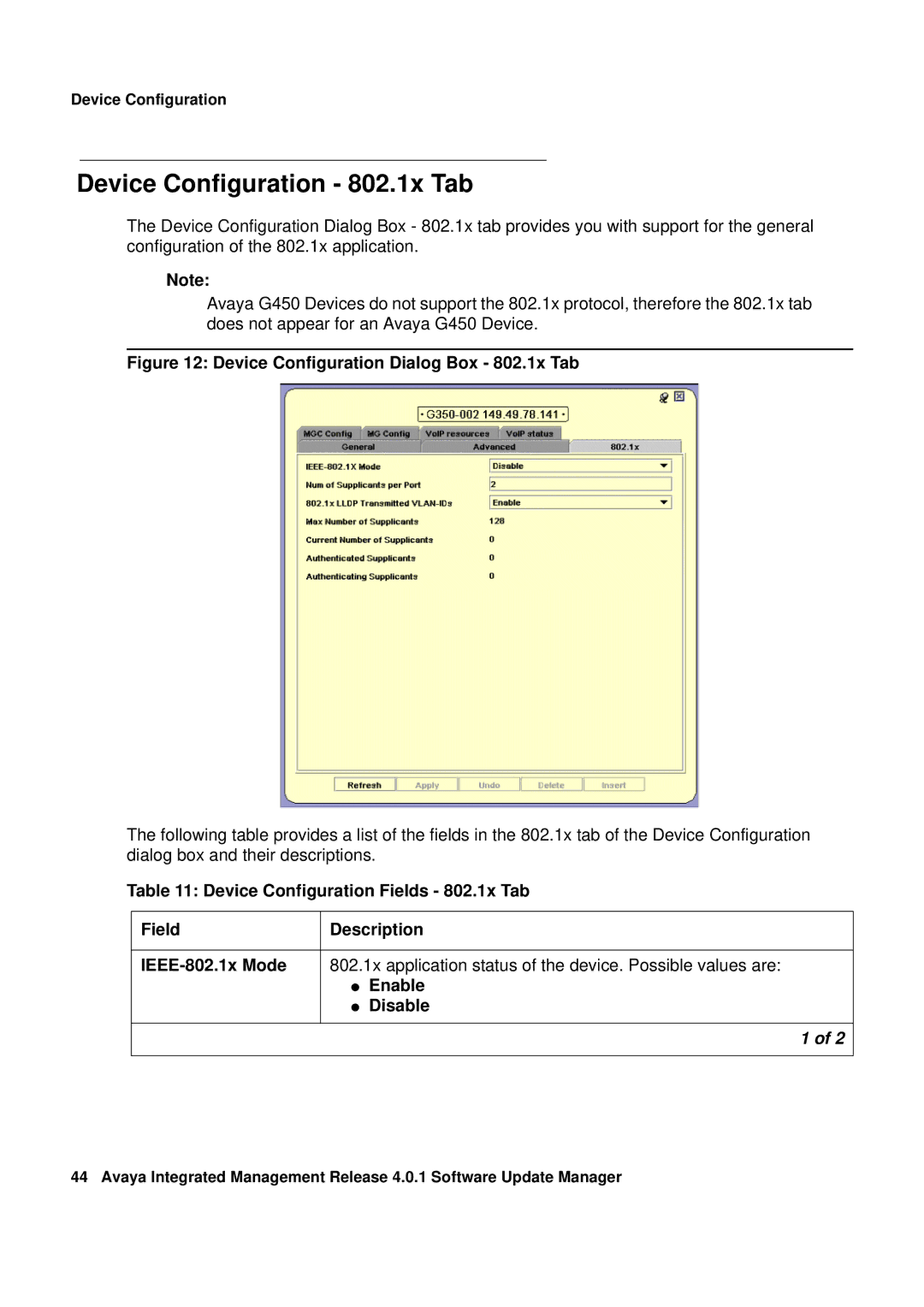 Avaya G450, G250 manual Device Configuration 802.1x Tab, Device Configuration Dialog Box 802.1x Tab 