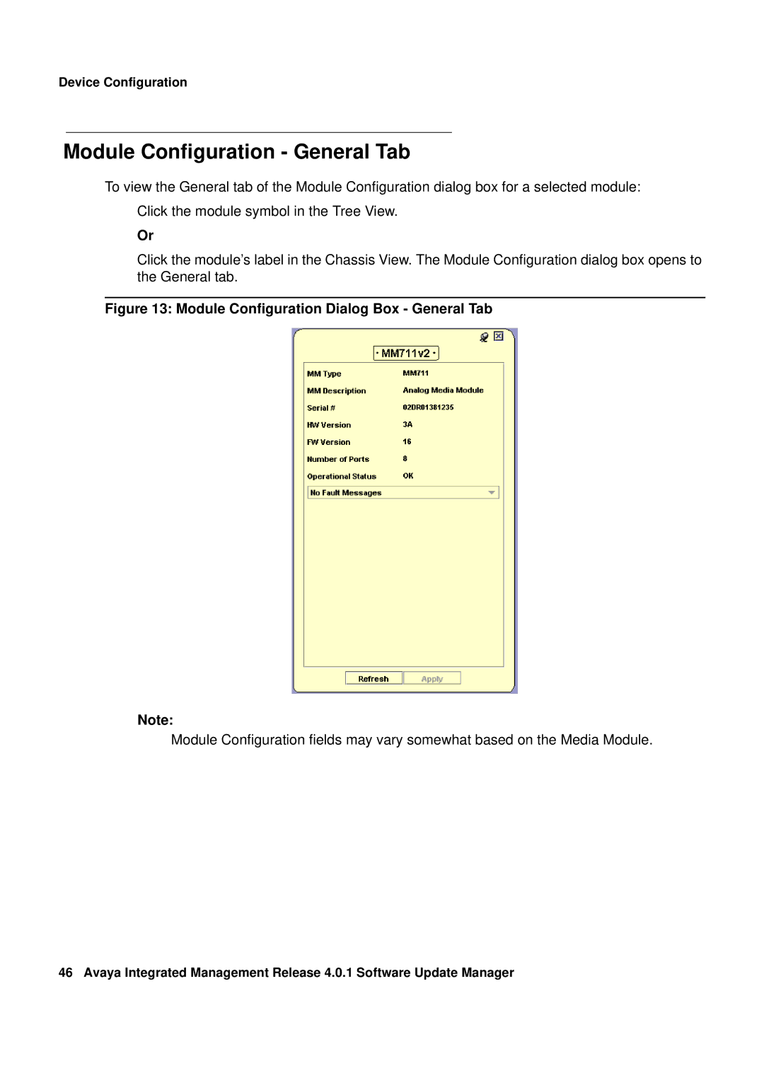 Avaya G450, G250 manual Module Configuration General Tab, Module Configuration Dialog Box General Tab 