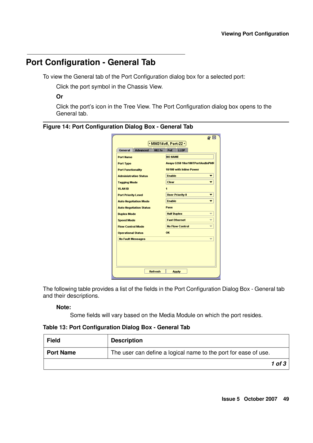 Avaya G250, G450 manual Port Configuration General Tab, Port Configuration Dialog Box General Tab 