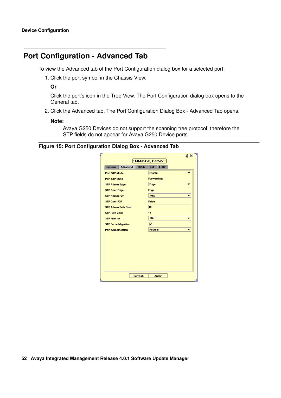 Avaya G450, G250 manual Port Configuration Advanced Tab, Port Configuration Dialog Box Advanced Tab 