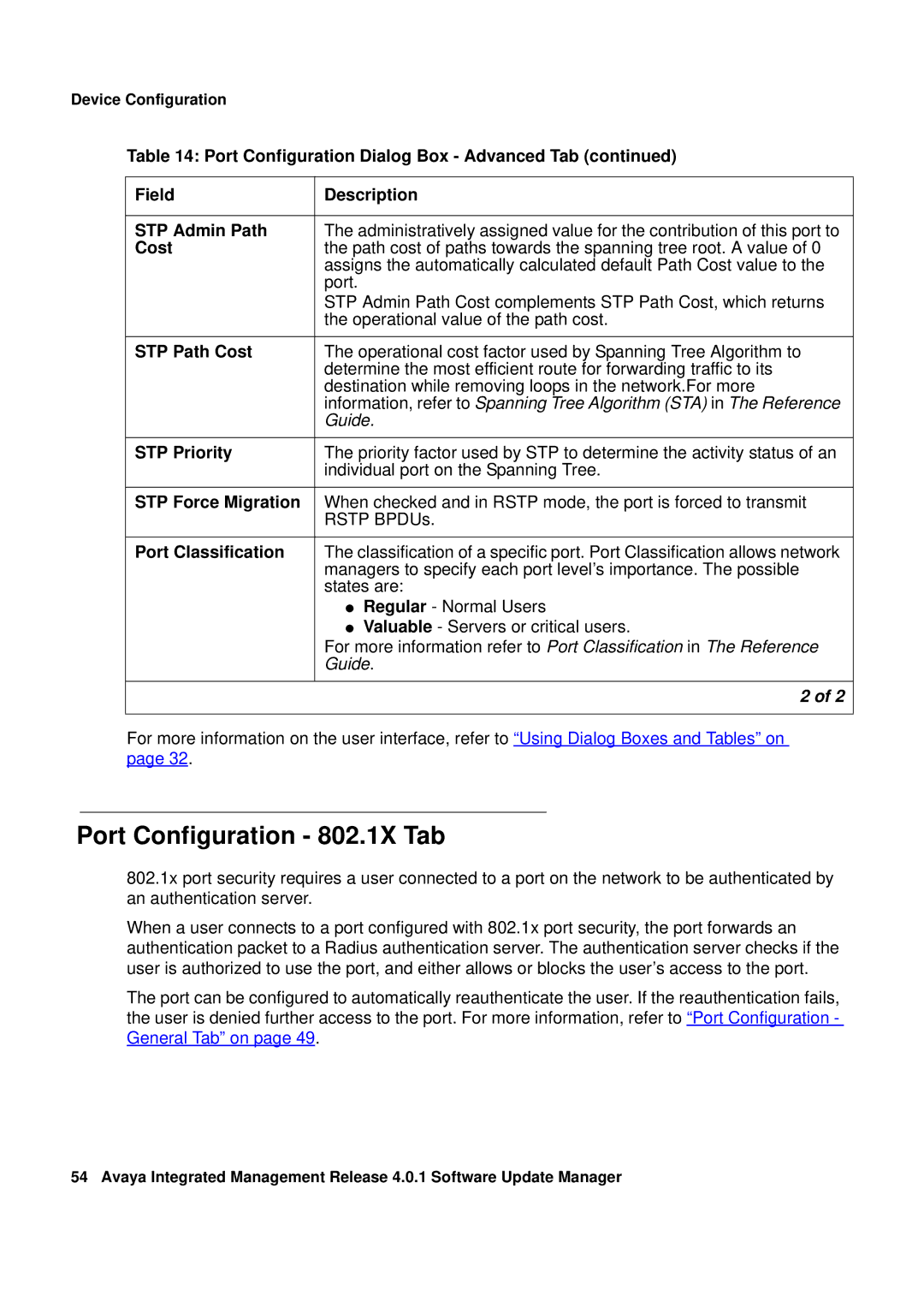 Avaya G450, G250 manual Port Configuration 802.1X Tab, STP Path Cost, STP Force Migration, Port Classification 