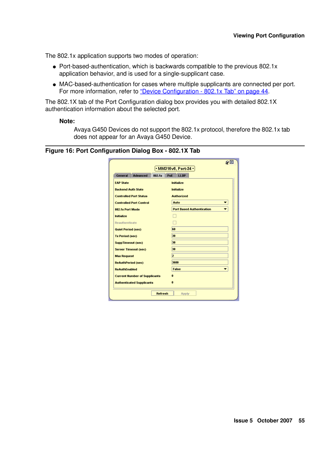 Avaya G250, G450 manual Port Configuration Dialog Box 802.1X Tab 