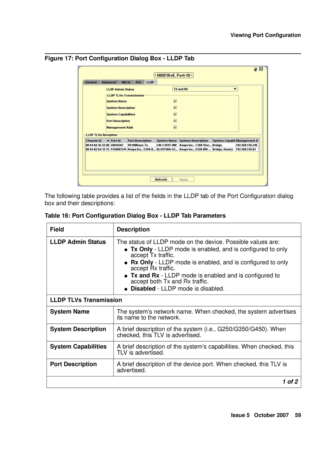 Avaya G250, G450 manual Lldp TLVs Transmission System Name, System Capabilities, Port Description 