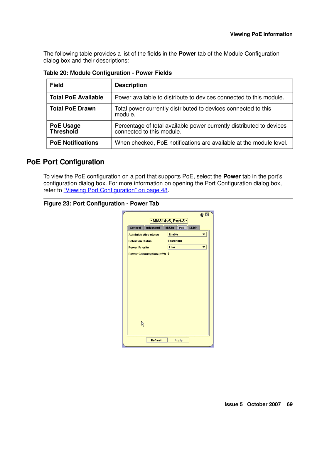 Avaya G250, G450 manual PoE Port Configuration, Port Configuration Power Tab 