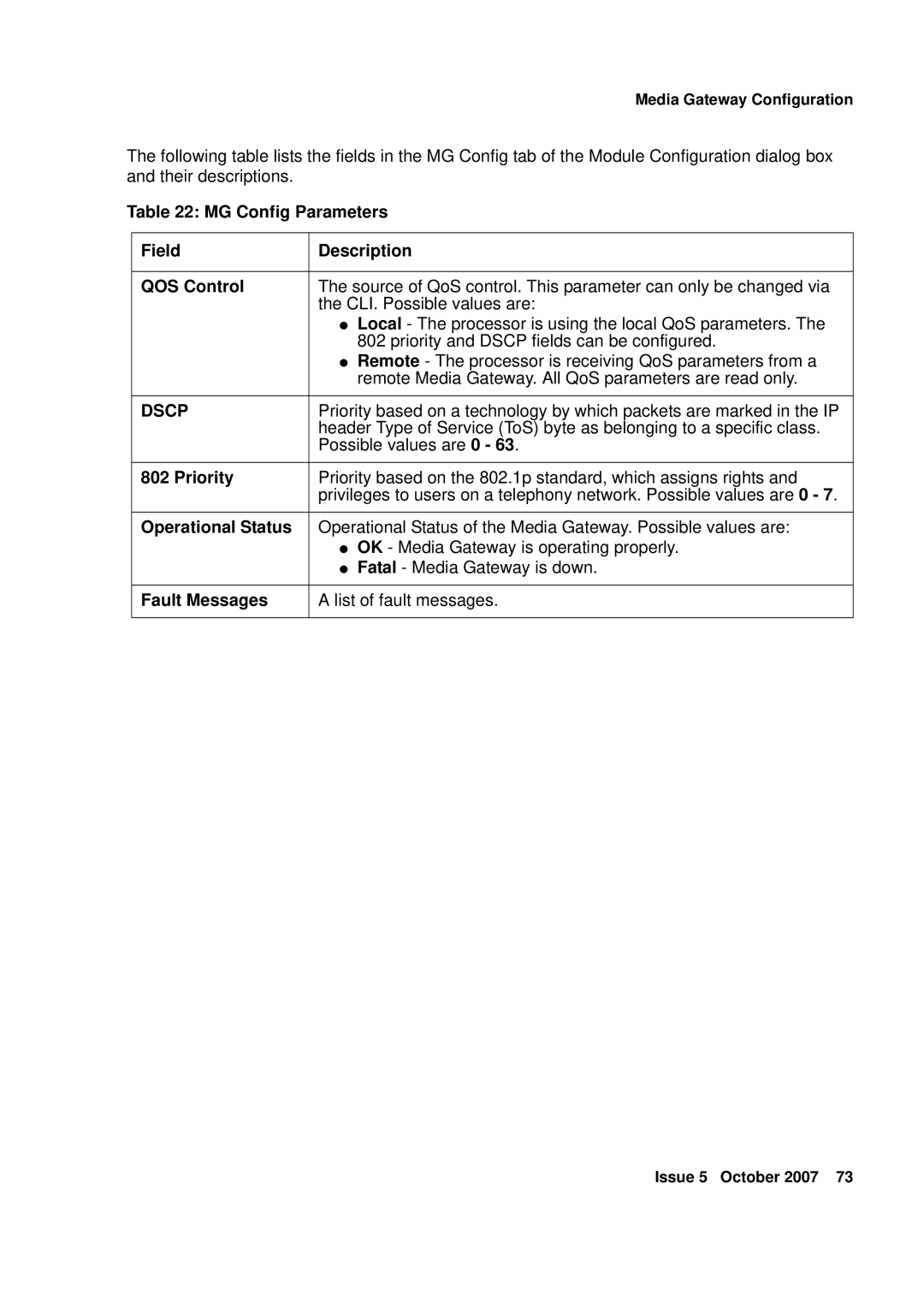 Avaya G250, G450 manual MG Config Parameters Field Description QOS Control, Dscp, Priority 