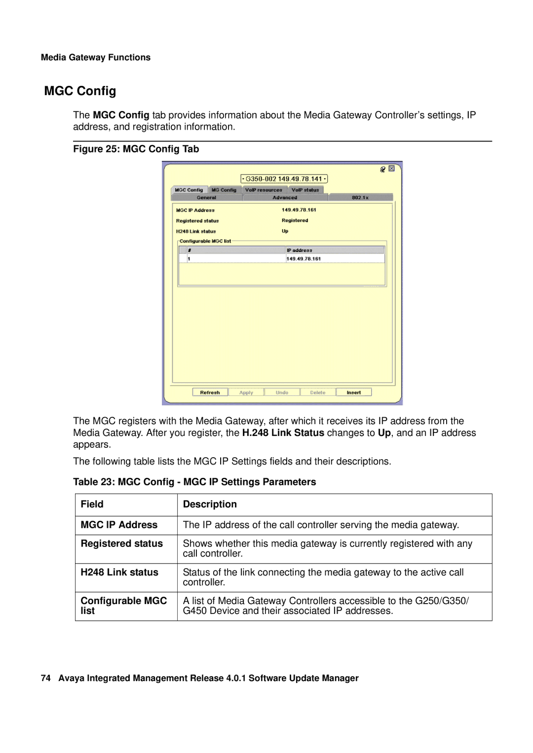 Avaya G450, G250 manual MGC Config, Registered status, H248 Link status, Configurable MGC, List 