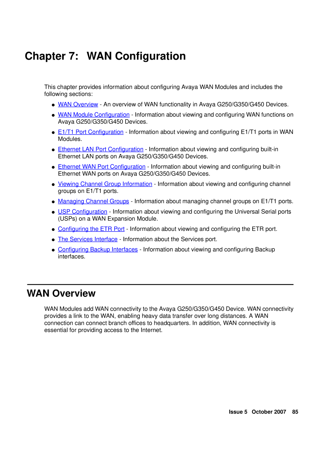 Avaya G250, G450 manual WAN Configuration, WAN Overview 