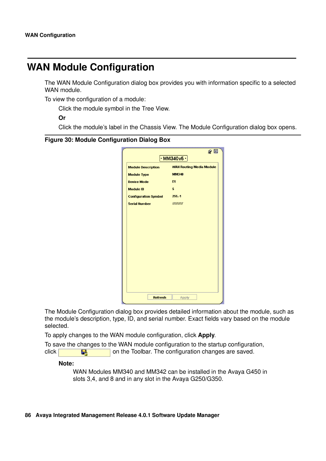 Avaya G450, G250 manual WAN Module Configuration, Module Configuration Dialog Box 