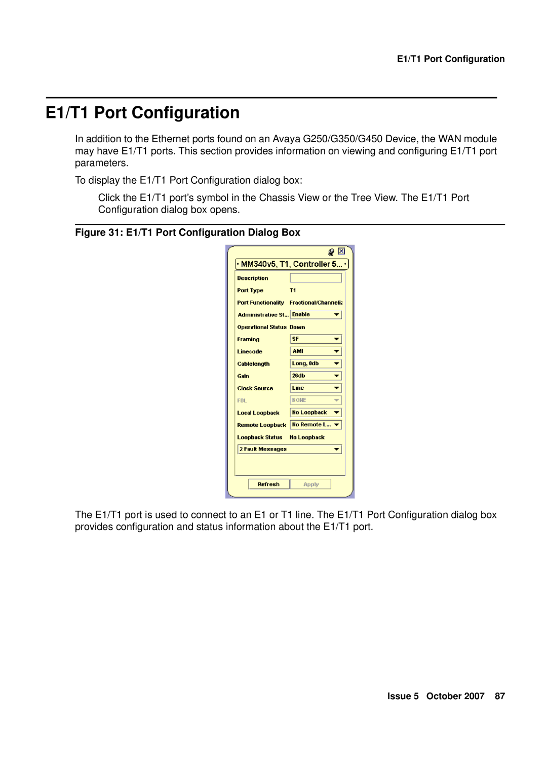 Avaya G250, G450 manual E1/T1 Port Configuration Dialog Box 