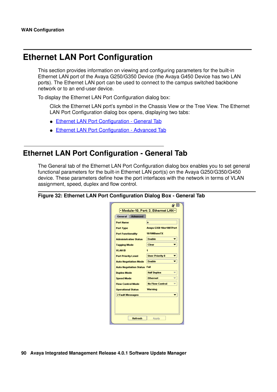 Avaya G450, G250 manual Ethernet LAN Port Configuration General Tab 