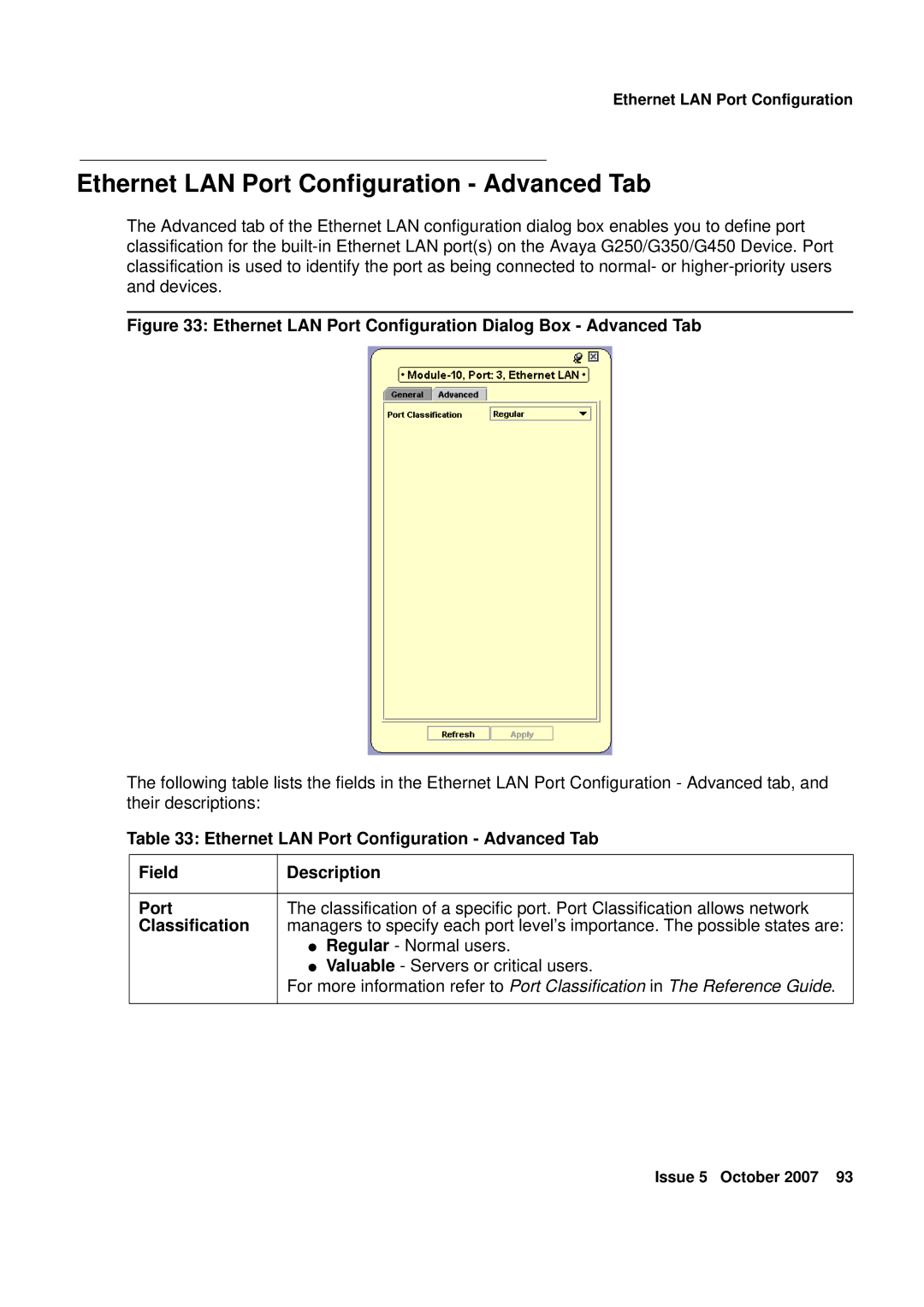 Avaya G250, G450 manual Ethernet LAN Port Configuration Advanced Tab, Classification 