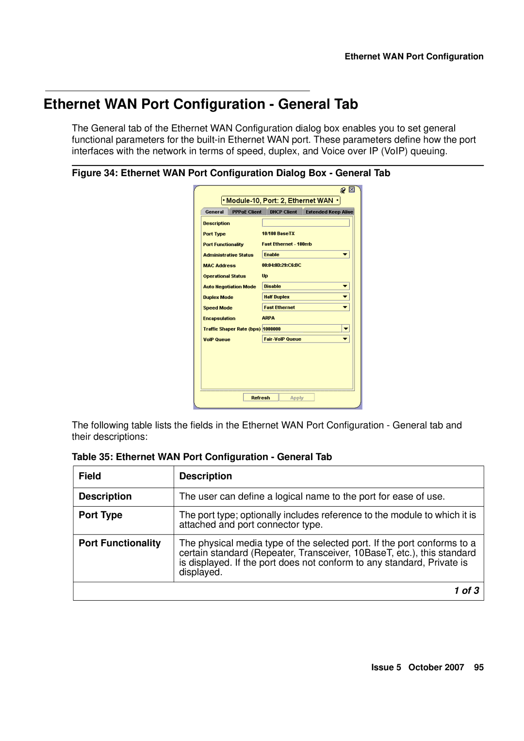 Avaya G250, G450 manual Ethernet WAN Port Configuration General Tab, Ethernet WAN Port Configuration Dialog Box General Tab 