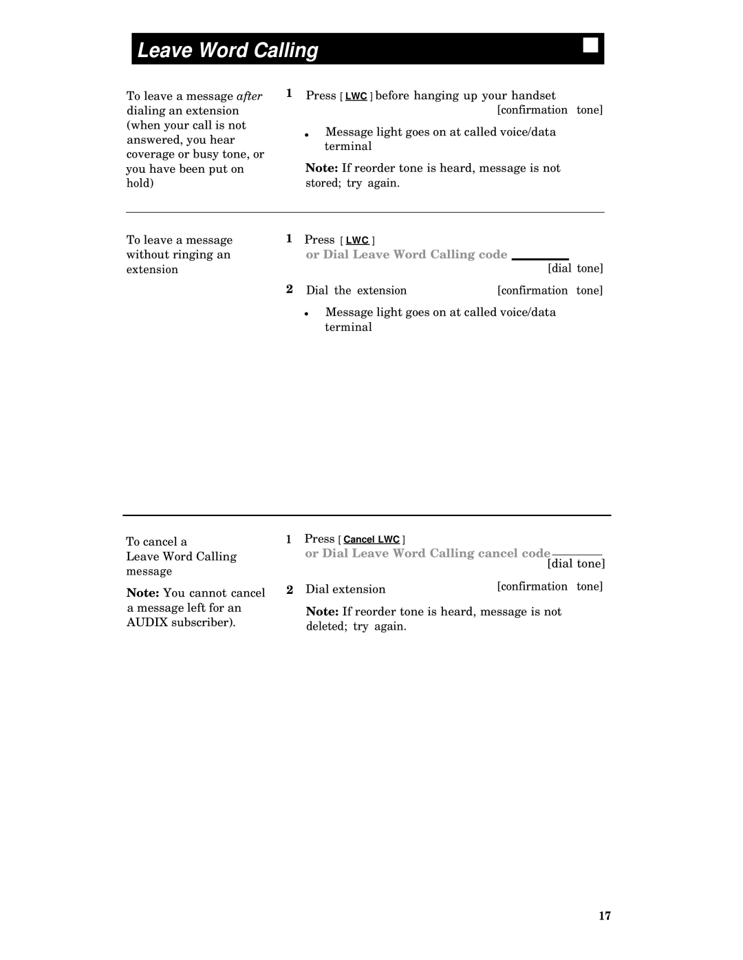 Avaya System 75, Generic 3, Generic 1 manual Leave Word Calling 