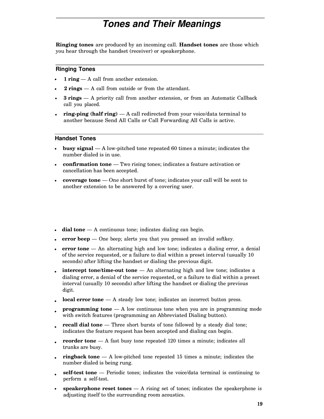 Avaya Generic 1, Generic 3, System 75 manual Tones and Their Meanings, Ringing Tones 