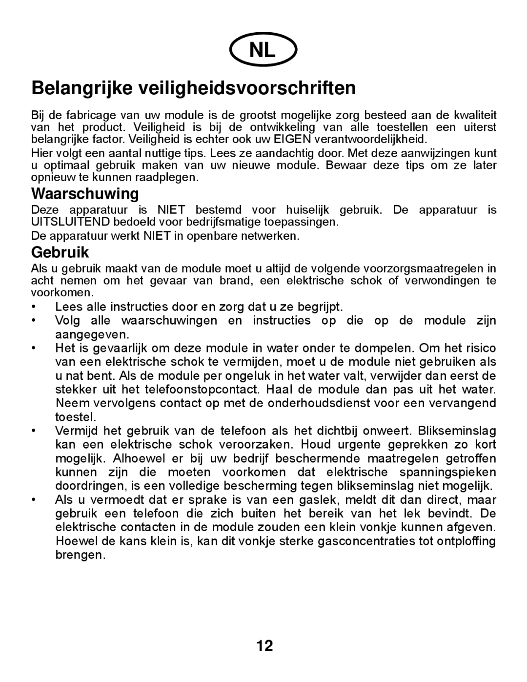 Avaya Gigabit Ethernet Adapter manual Belangrijke veiligheidsvoorschriften, Waarschuwing, Gebruik 