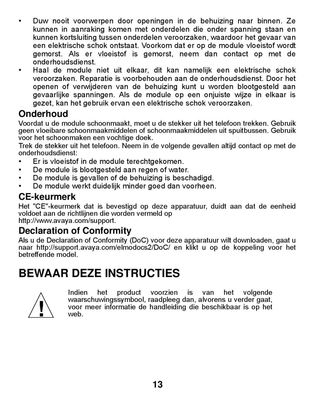 Avaya Gigabit Ethernet Adapter manual Bewaar Deze Instructies, Onderhoud, CE-keurmerk Declaration of Conformity 