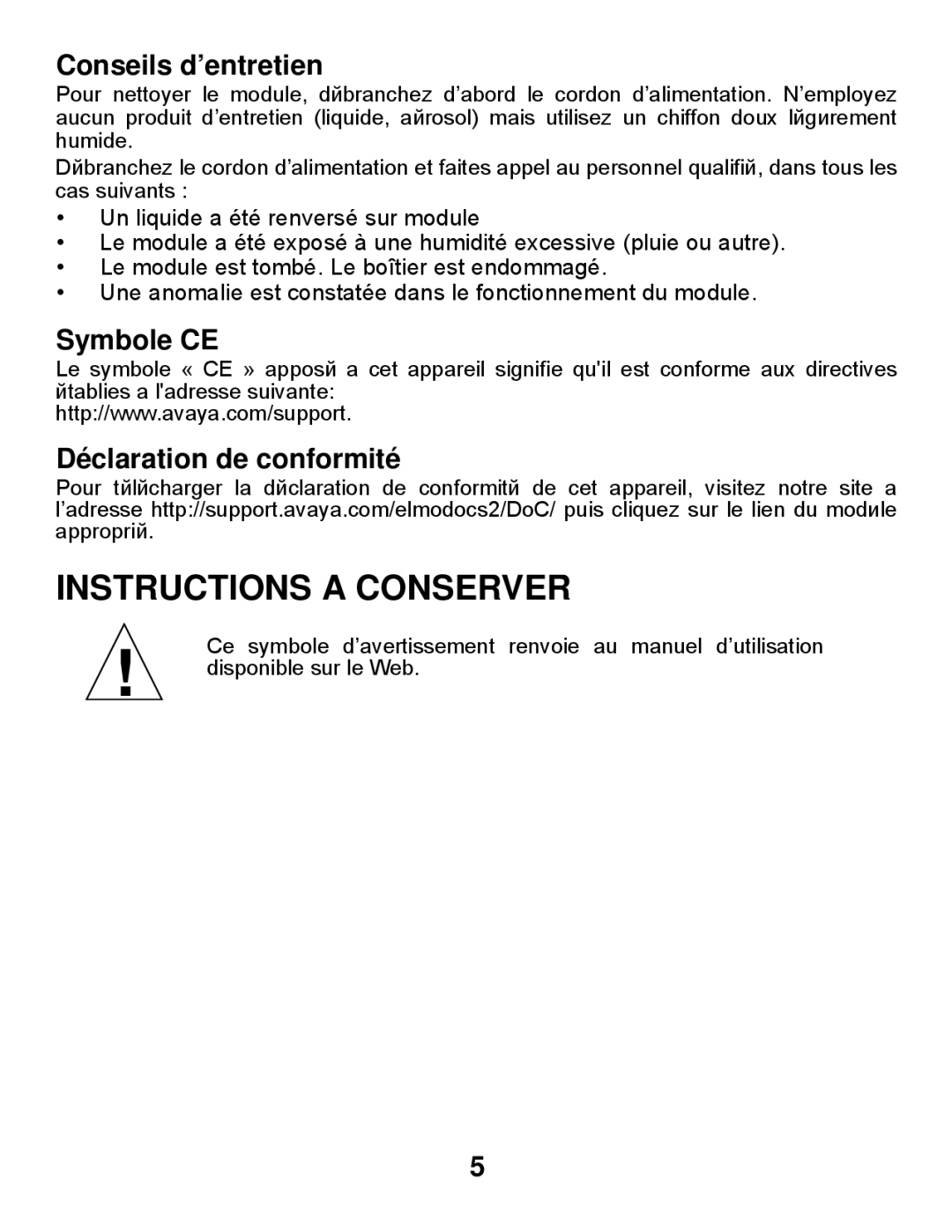 Avaya Gigabit Ethernet Adapter manual Instructions a Conserver, Conseils d’entretien, Symbole CE, Déclaration de conformité 