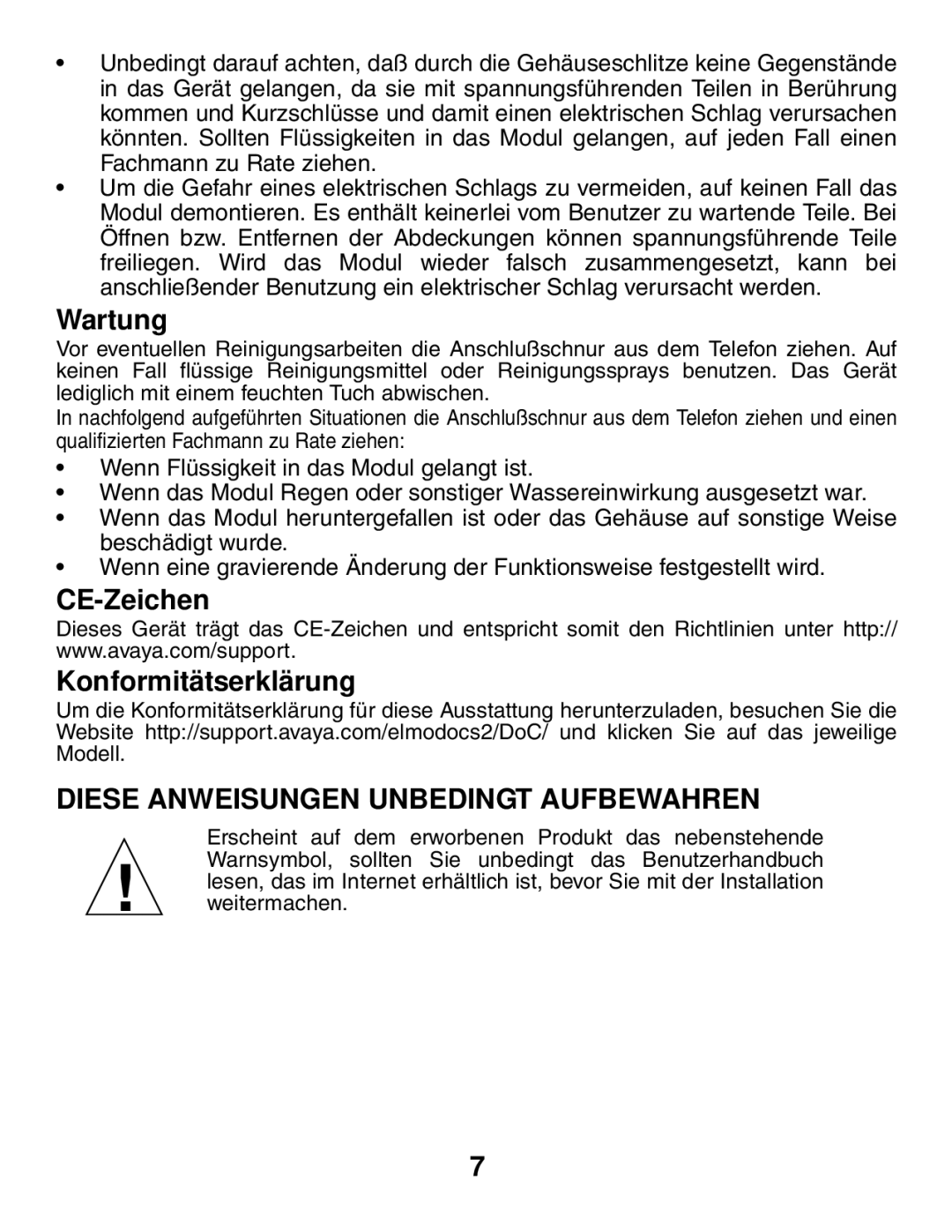 Avaya Gigabit Ethernet Adapter manual Wartung, CE-Zeichen Konformitätserklärung 